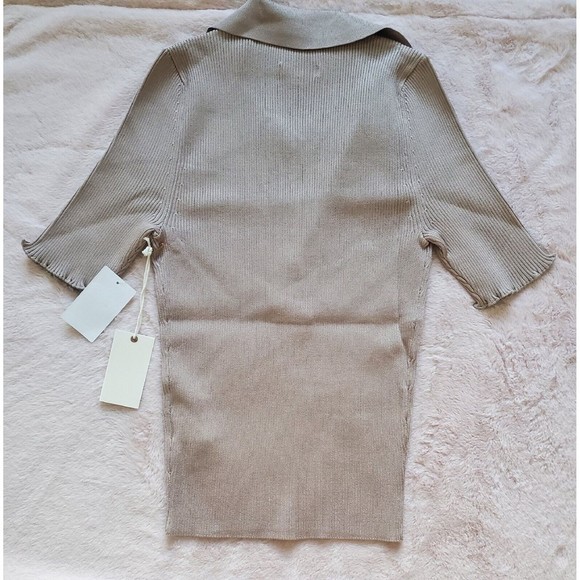 Good American Plaited Ribbed Polo top in Mink001 Beige Size 2 US M New - Picture 8 of 9